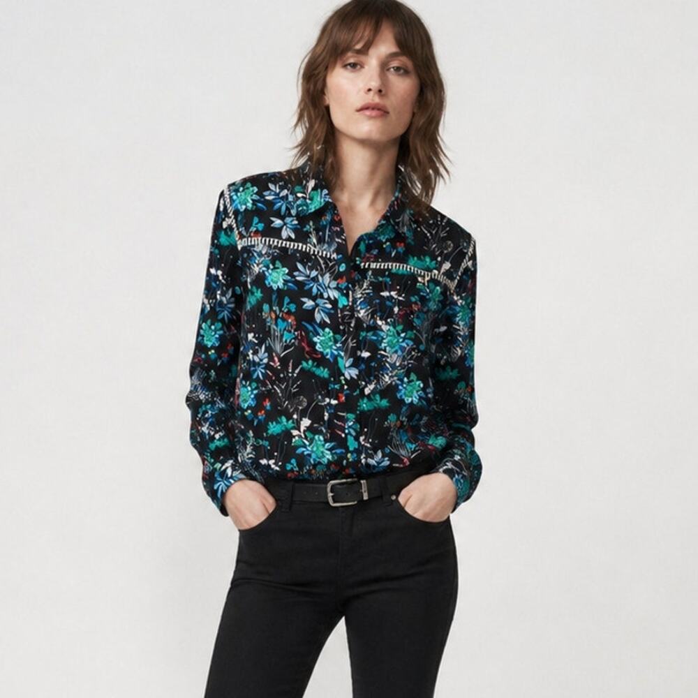 The Kooples Flora Print Silk Blouse Black multi color size Medium